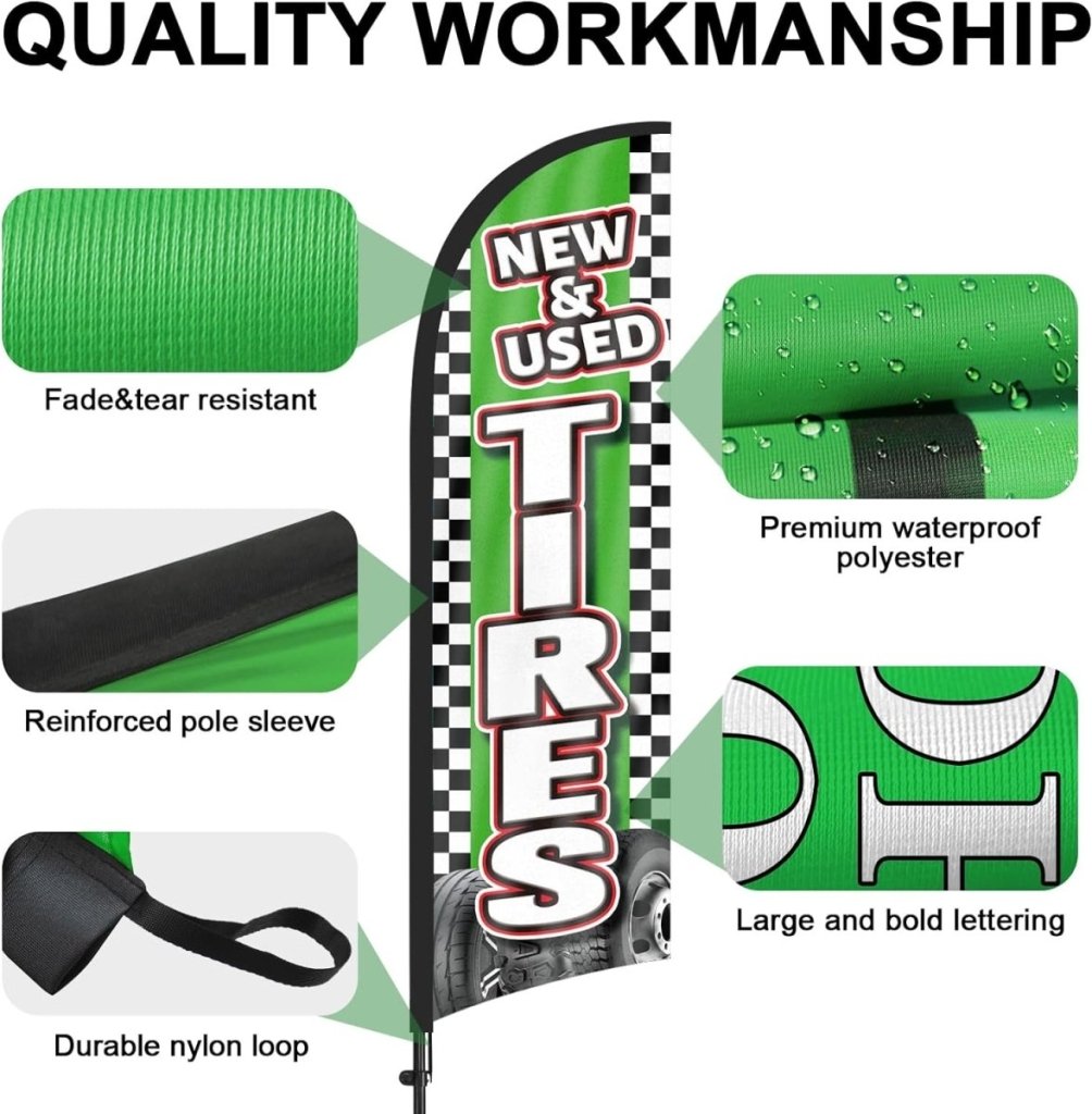 Tire Signs For Sale - 8ft New Used Tires Feather Flags with Pole and Ground Stake - FSFlag