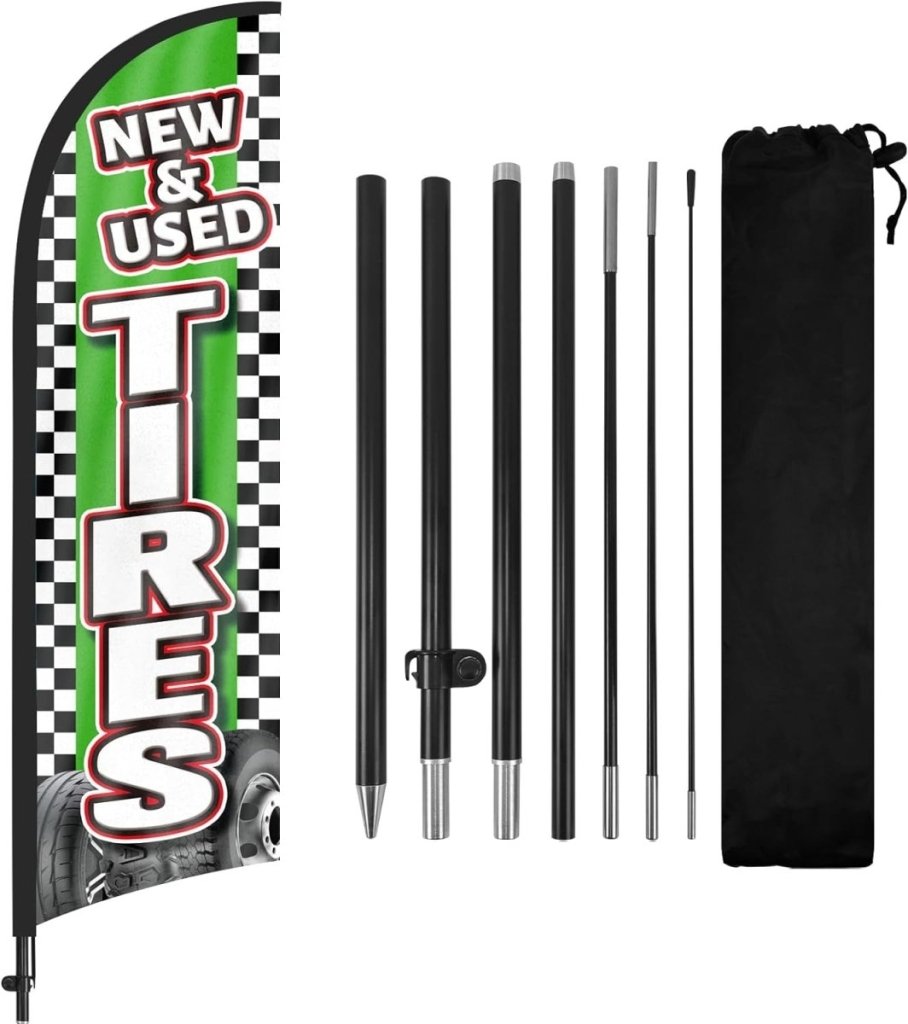 Tire Signs For Sale - 8ft New Used Tires Feather Flags with Pole and Ground Stake - FSFlag