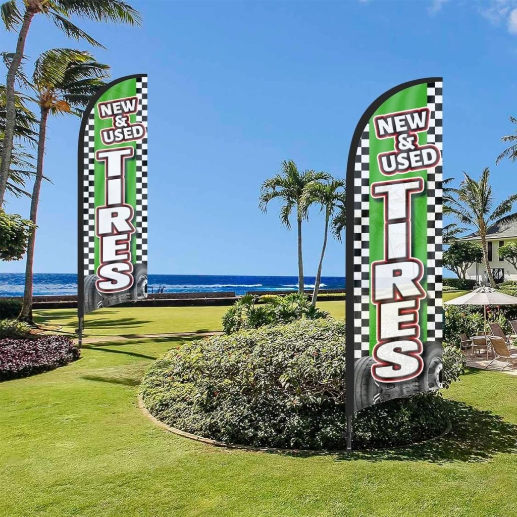 Tire Signs For Sale - 8ft New Used Tires Feather Flags with Pole and Ground Stake - FSFlag