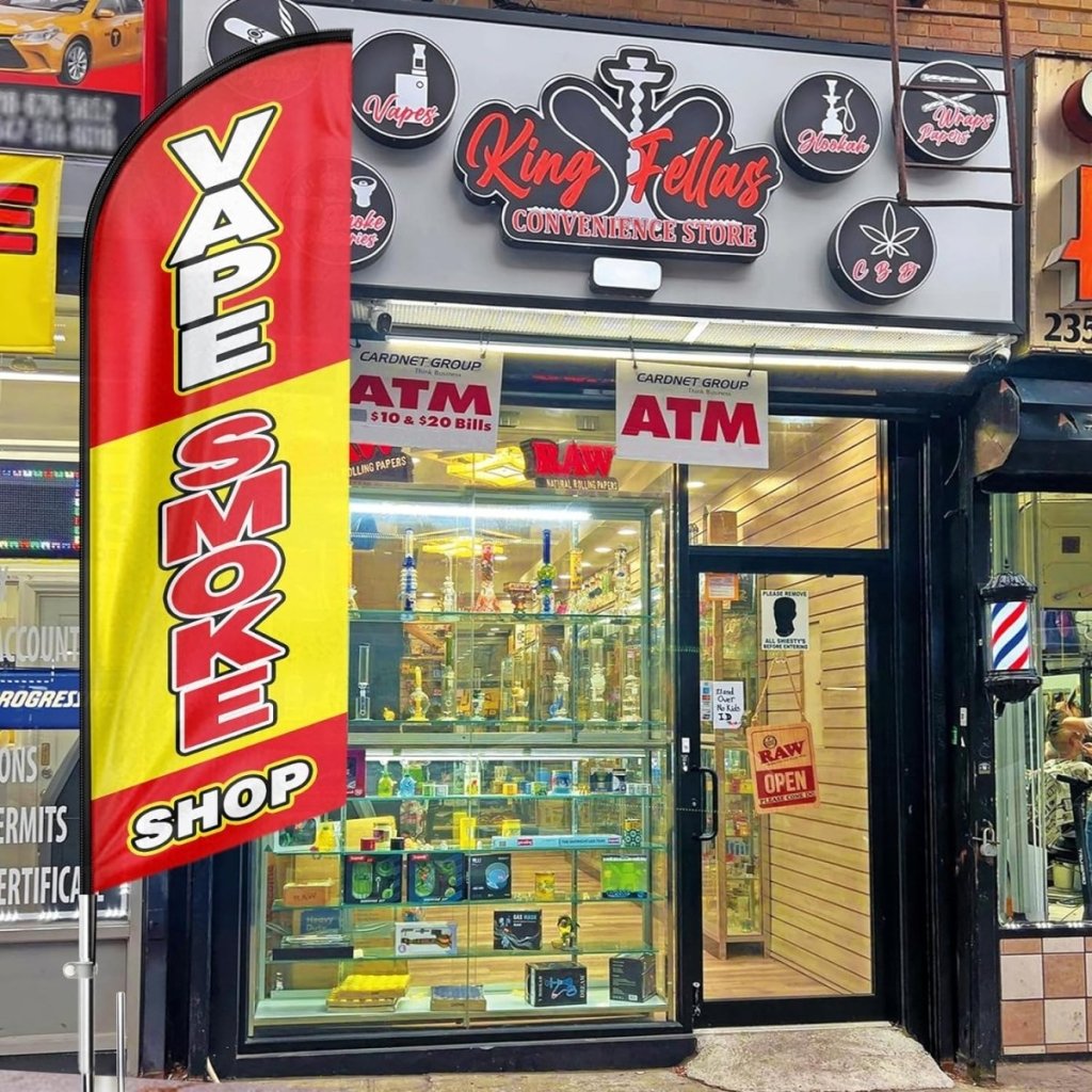 Vape Smoke Shop Feather Flag: Advertising Banner for Vape Smoke Shop Business (8ft Flagpole Not Included) Vape Smoke Shop Feather Flag: Advertising Banner for Vape Smoke Shop Business (8ft Flagpole Not Included)