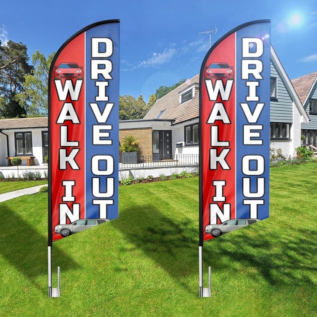 Walk In Drive Out Feather Flag: Advertising Banner for Walk In Drive Out Business (8ft Flagpole Not Included) - FSFlag