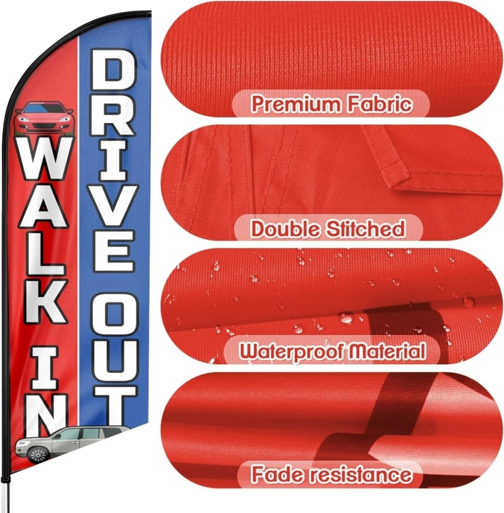 Walk In Drive Out Feather Flag: Advertising Banner for Walk In Drive Out Business (8ft Flagpole Not Included) - FSFlag
