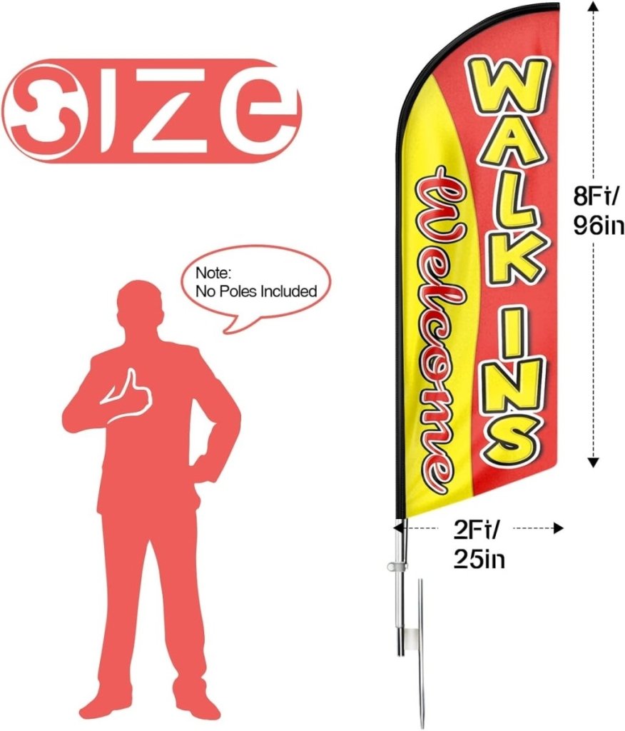 Walk Ins Welcome Sign - 8ft Red Walk - Ins Welcome Feather Flag（Flagpole Not Included） - FSFlag