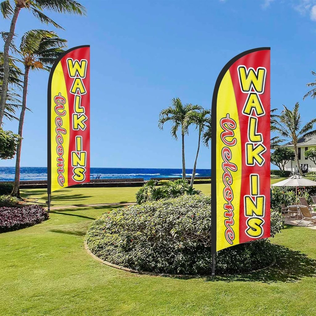 Walk Ins Welcome Sign - 8ft Walk - Ins Welcome Red Feather Flag Set