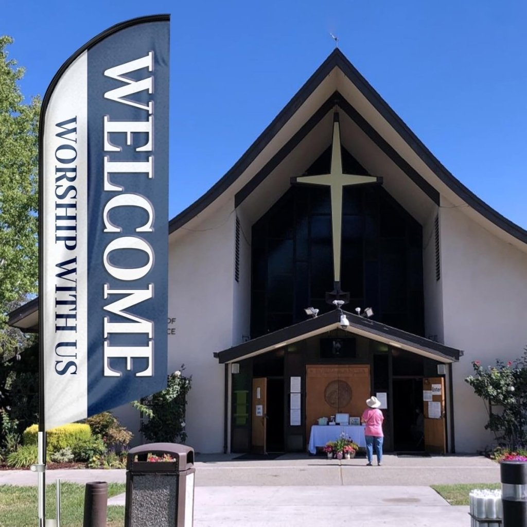 Welcome Worship With Us Feather Flag (8ft, Flagpole Not Included) - FSFlag.