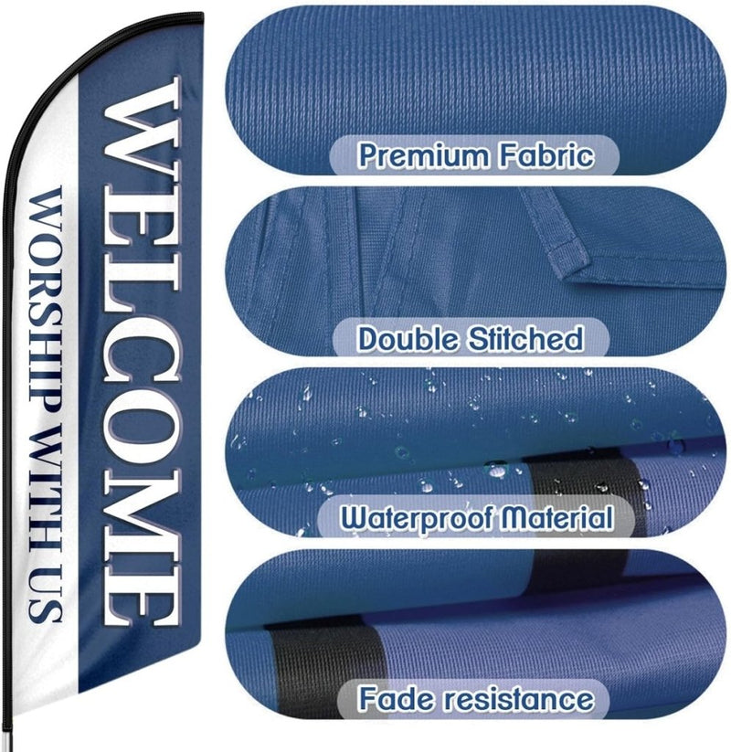 Welcome Worship With Us Feather Flag (8ft, Flagpole Not Included) - FSFlag.