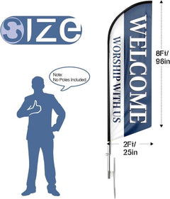 Welcome Worship With Us Feather Flag (8ft, Flagpole Not Included) - FSFlag.