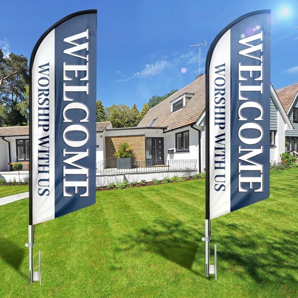 Welcome Worship With Us Feather Flag (8ft, Flagpole Not Included) - FSFlag.