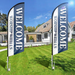 Welcome Worship With Us Feather Flag (8ft, Flagpole Not Included) - FSFlag.